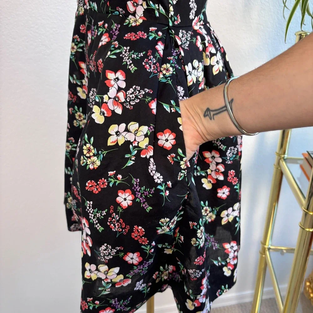 Gap Black Floral Fit and Flare Dress | 6 Petite, Sleeveless Cotton Sun Dress
